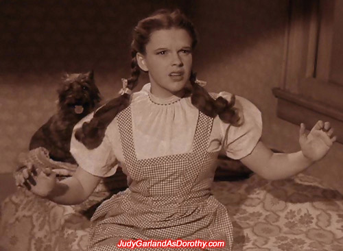 Judy Garland as Dorothy is floating over the rainbow