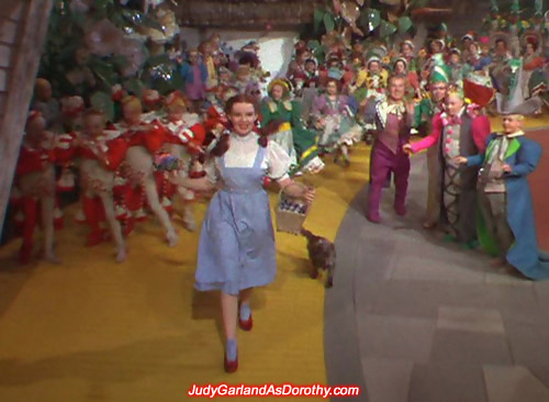 Kansas farm girl Judy Garland as Dorothy skipping down the Yellow Brick Road